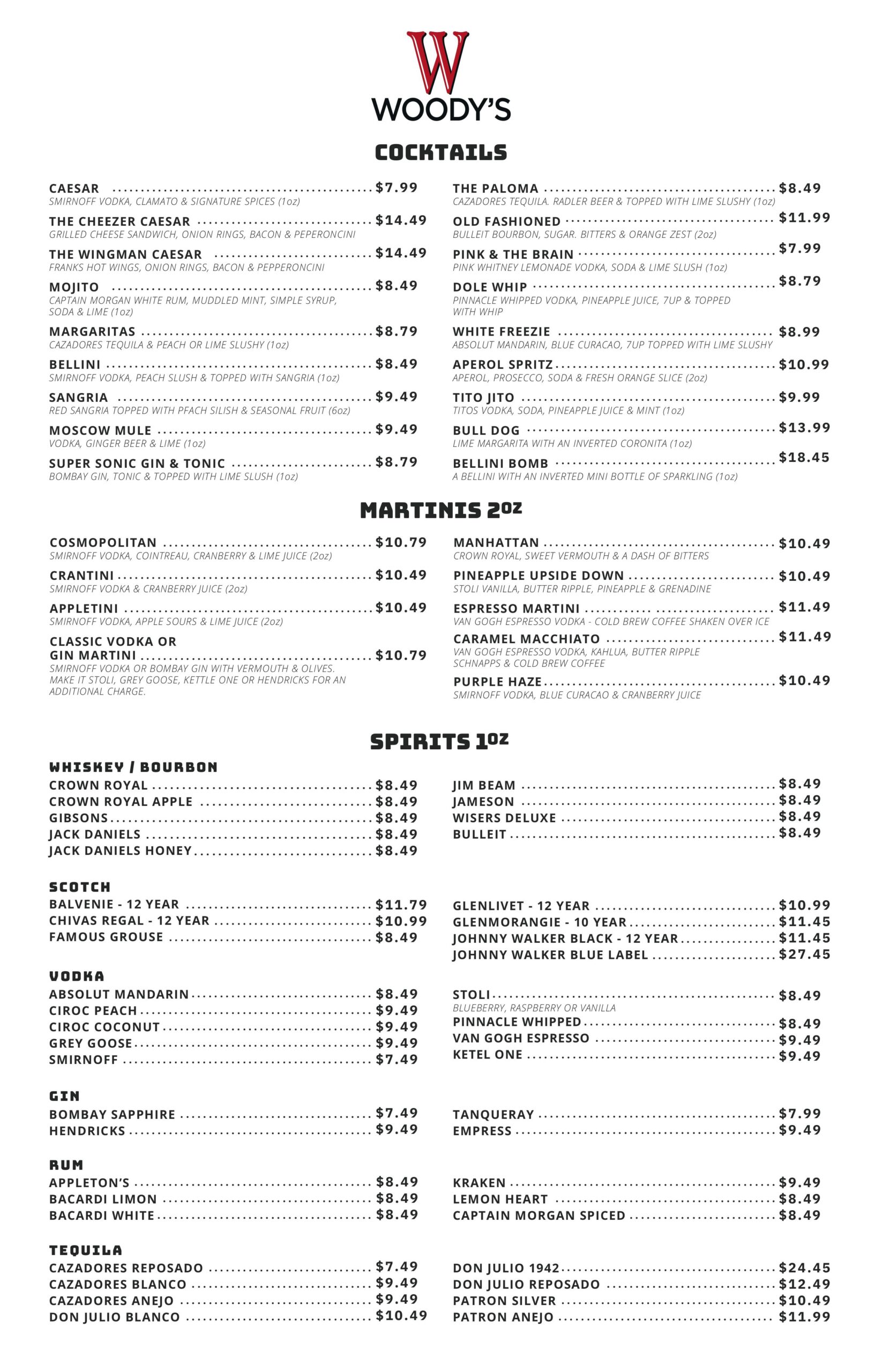 Woodys in Coquitlam drinks menu page 1